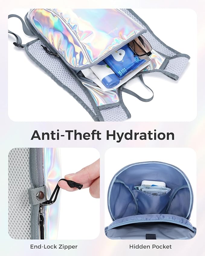 Blue Quartz Rave Hydration Backpack, Reflective Hiking Pack with 2L Water Bladder & Phone Pocket, Hydro Pack with Insulated Compartment for Festival Running Cycling for Men Women
