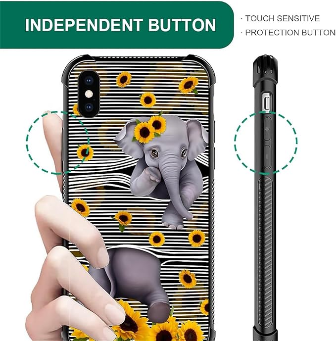 for iPhone Xs Max Case, Cute Little Elephant Sunflower White Line Art Pattern Graphic Design Girl Boy Soft Silicone Hard Acrylic Shock Protection for iPhone Xs Max