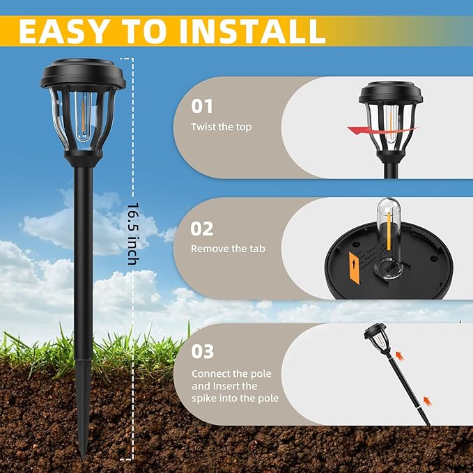 DERAYSION 12 Pack Solar Lights Outdoor, Solar Pathway Lights Auto On/Off Waterproof LED Garden Lights for Landscape Path, Yard, Walkway, Driveway, Sidewalk, Cold White