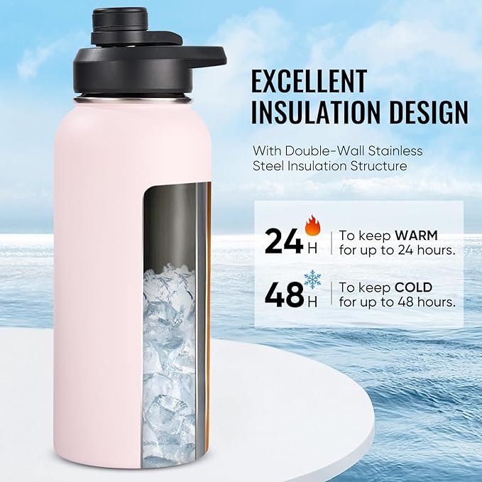 Fijinhom 32 oz Insulated Water Bottle with Handle, 304 Stainless Steel Water Bottles with Wide Mouth, Double Wall Vacuum Sports Water Bottle, BPA Free, Keep Cold and Hot, Pink