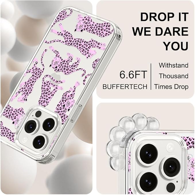MOSNOVO Case for iPhone 15 Pro, [Buffertech 6.6ft Military-Grade Drop Protection] [Anti Peel Off Tech] Clear TPU Bumper Phone Case Cover Design - Pink Leopard