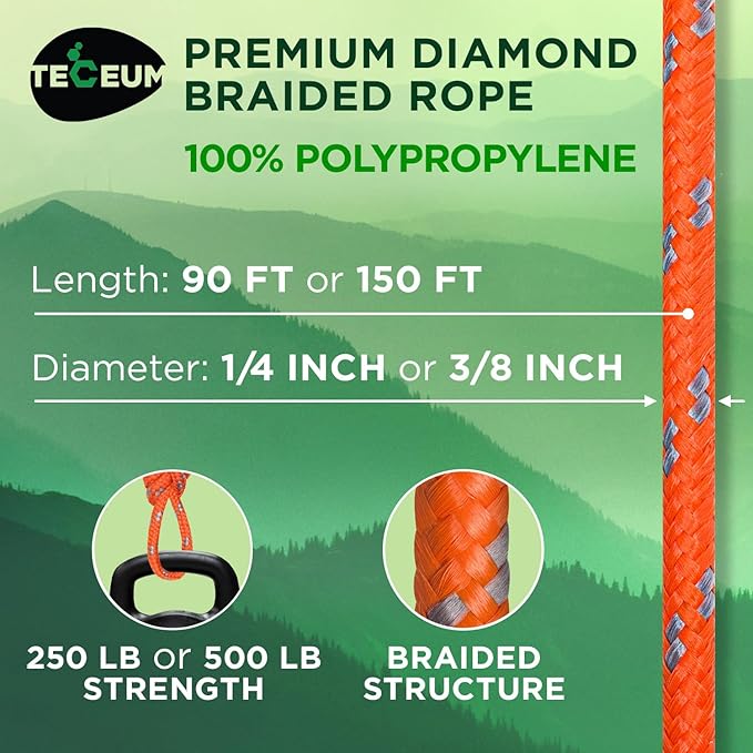 TECEUM Rope – 150 Feet x 1/4 Inch (7mm) – Orange Gray – Strong All-Purpose Utility Rope – Camping, Crafting, Flag Pole, Indoor & Outdoor – Polypropylene Nylon Poly Lightweight Diamond Braided Cord