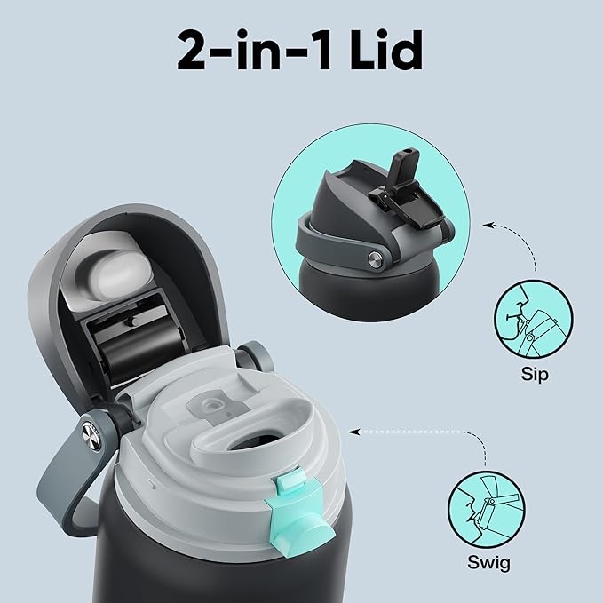 Insulated Water Bottle with Straw - Encool Stainless Steel Water Bottle with Push Button Lid, Leak-Proof & BPA-Free, Keeps Cold for 24 Hours for Sports, Travel, Gym (32 oz, Tuna Grey-Green)