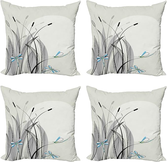 Ambesonne Dragonfly Decorative Throw Pillow Case Pack of 4, Dragonflies on Flowers and Branches Flourishing Nature Spring Time Predator, Cushion Cover for Couch Living Room Car, 16", Beige Charcoal