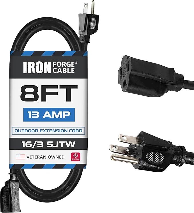Iron Forge Cable Black Outdoor Extension Cord Waterproof 8 ft - 16/3 SJTW, 13 Amp Heavy Duty 3 Prong Extension Cord Outdoor for Home or Garden