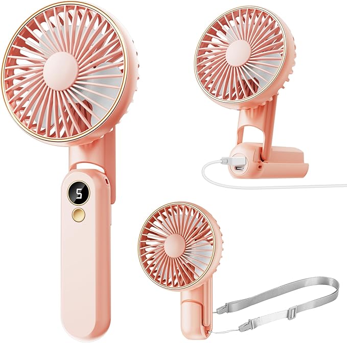 Portable Handheld Fan, [Up to 15 Working Hours],180° Foldable Personal Fan, USB Rechargeable Mini Hand Fans for Travel/Summer/Outdoor/Office, 5 Speeds Adjustable, LED Display, Pink