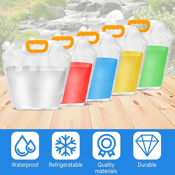 12 Pack Collapsible Water Container Bag 1.3 Gallon Emergency Foldable Water Container BPA Free Food Grade Plastic Storage Jug Freezable Water Bottle for Camping Hiking Riding Backpack