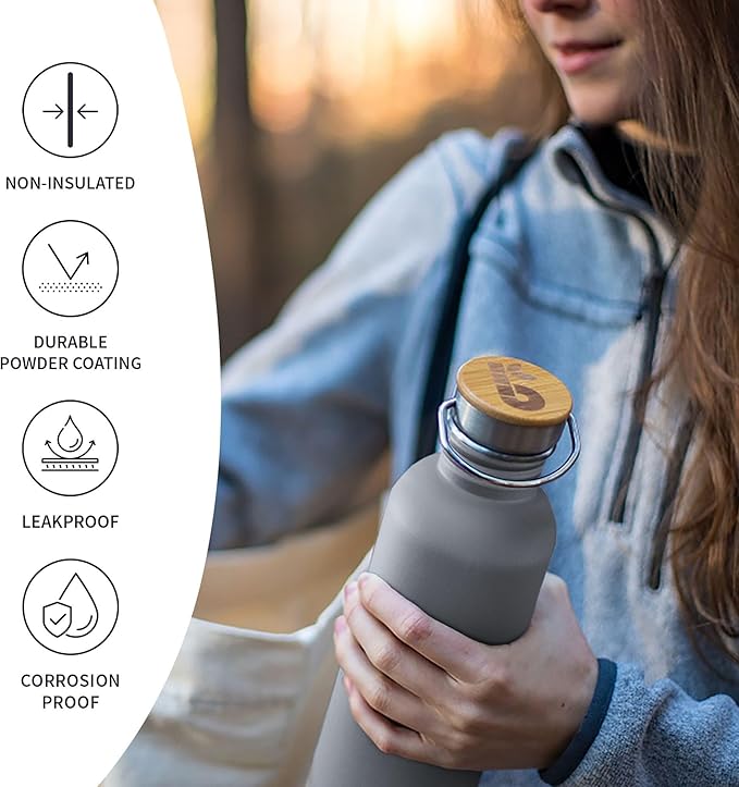 Bambaw Stainless Steel Water Bottle, 750 ml, Grey Sports Bottle, Non-Insulated Metal Water Bottle, Reusable, 750 ml, BPA-Free Flask, Leakproof – Stormy Gray