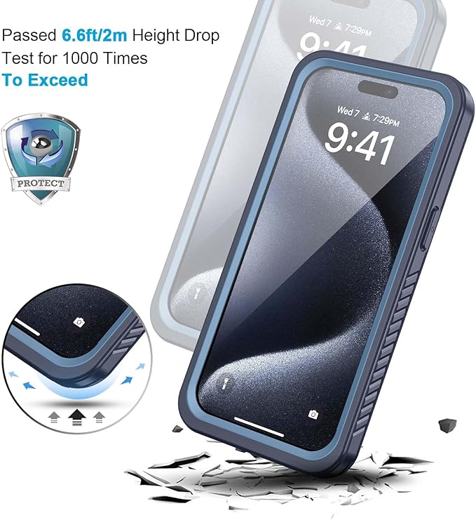 Lanhiem for 15 Pro Case, IP68 Waterproof Dustproof Shockproof Case with Built-in Screen Protector, Full Body Protective Heavy Duty Phone Cover for 15 Pro - 6.1 inch (Dark Blue)