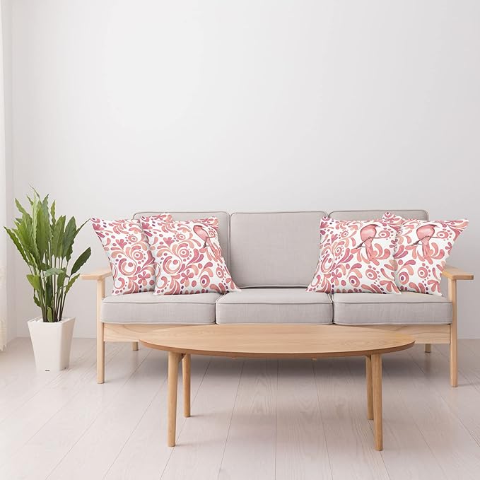 Ambesonne Watercolor Throw Pillow Cushion Case Pack of 4, Bird on Tree Branch Floral Swirls Curves Little Dots Wildlife, Modern Accent Double-Sided Digital Printing, 20", Rose White