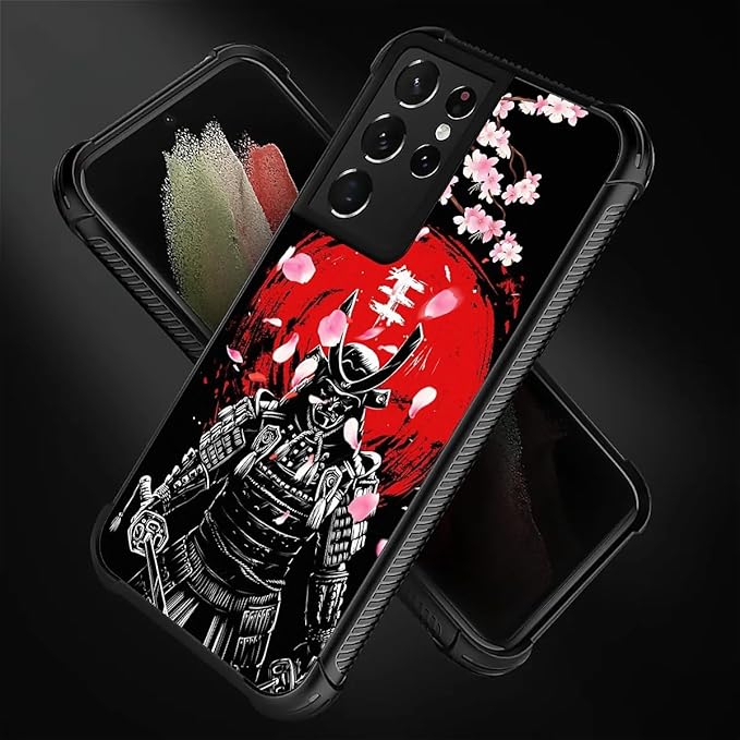 for Samsung Galaxy S21 Ultra Case, Sakura Japanese Samurai Pattern Graphic Design Girl Boy Soft Silicone Hard Acrylic Shock Protection for Samsung Galaxy S21 Ultra