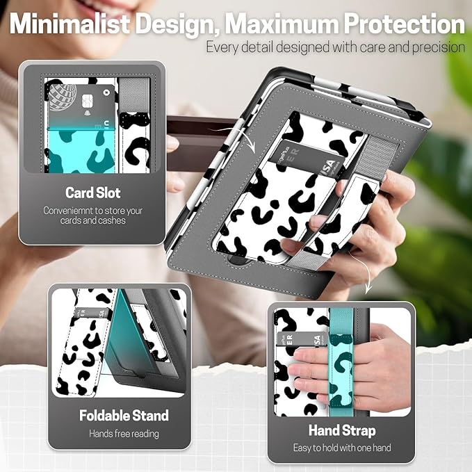 TNP Stand Case for Kindle Paperwhite 12th Generation 2024 / Kindle Colorsoft Signature Edition with Hand Strap & Card Slot - 7" PU Leather Protective Folio Cover with Auto Wake/Sleep, Cow Print