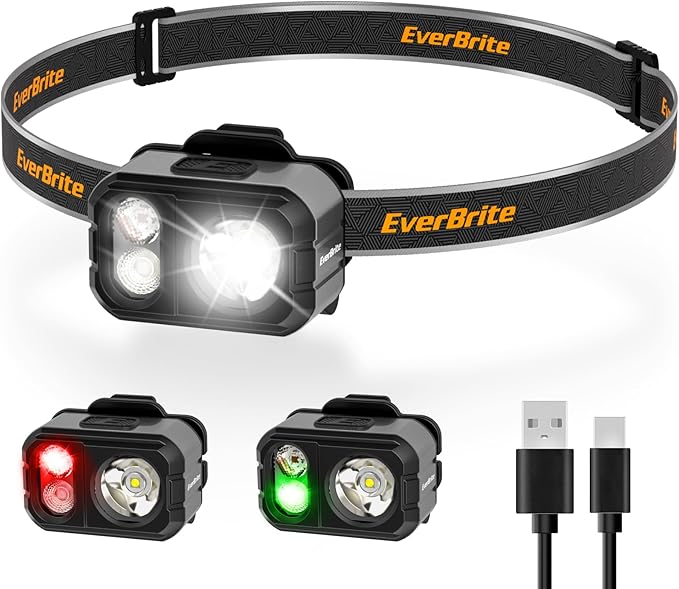 EverBrite 400LM Rechargeable Headlamp, 1.59 oz Lightweight & Comfortable Head Lamp with Hat Clip, IP67 Waterproof, White/Red/Green Light, 7 Modes for Running, Camping and Backpacking-Grey
