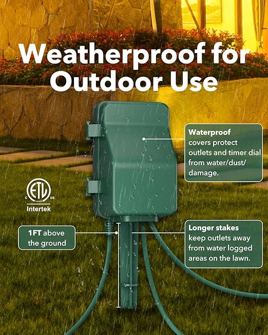 BN-LINK Outdoor Power Stake, 7-Day Programmable Digital Timer, 6 Outlets, 6FT Extension Cord, Waterproof Perfect for Christmas, Halloween, Garden Decorations, ETL Listed