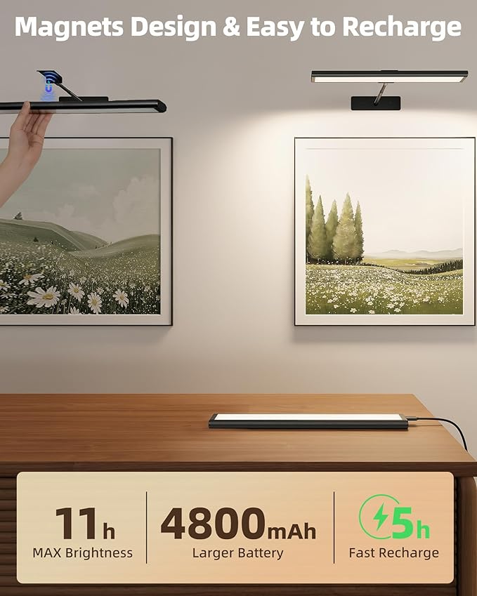 EZVALO Picture Light for Wall, 13'' Black Rechargeable 4800mAh Battery Lights Wireless with IR Remote, Magnetic LED Art Painting Light with 3 Color Temperatures, Display for Gallery, Living Room