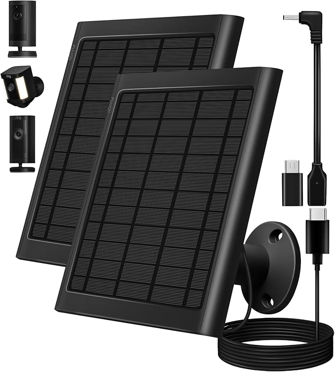 8W Solar Panel for Ring Camera, 2-Pack Solar Panel Charger Compatible with Ring Stick Up Cam Battery, Spotlight Cam Battery, Includes Barrel Plug to USB-C Adapter, IP65 Waterproof, 10ft Cable