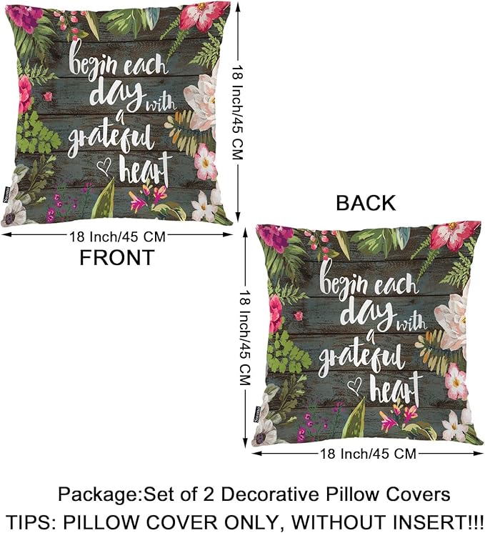 Swono Funny Quote 2Pcs Throw Pillow Covers for Men Women, Begin Each Day with Grateful Heart Bedding Pillowcase 18 X 18 Inch, Flowers Wood Decorative Pillow Cushion Cover for Couch Sofa Bed Home