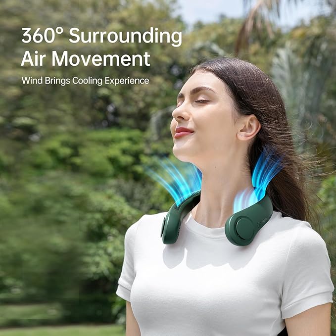 JISULIFE Portable Neck Fan, Hands Free Bladeless Fan, 5 Speeds, 4000 mAh Battery Operated Wearable Personal Fan, Twistable, Rechargeable, Gift for Women Men-Dark Green
