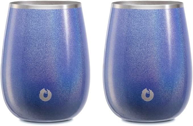 SNOWFOX Premium Vacuum Insulated Stainless Steel Grand Pinot Wine Glass, Chilled Wine Stays Icy Cold, Stemless Cocktail Glasses, Elegant Home Entertaining, Classic Barware, 12oz, Shimmer Blue