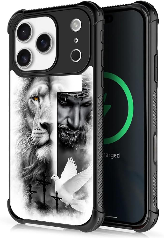 for iPhone 17 Pro Case,for MagSafe Graphic Design for Girl Boy Soft Silicone Hard Acrylic Shock Protection Designed for iPhone 17 Pro Lion Cross Jesus Christ Dove Pattern