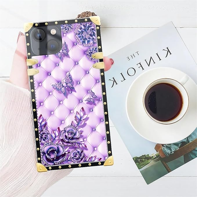 Compatible with iPhone 13 Case, Purple Butterfly Flowers Leaf Luxury Golden Decoration for Girl Women Soft TPU Shockproof Protective Hard PC Back for iPhone 13