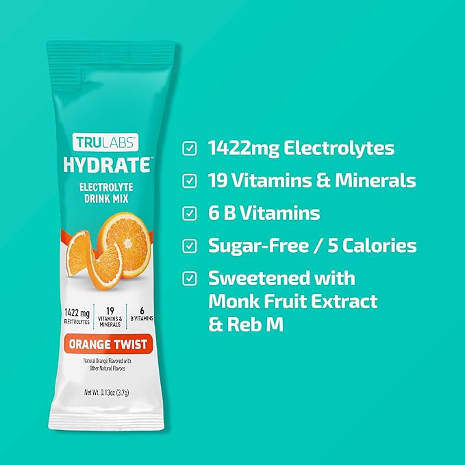 TRULABS Hydrate Electrolyte Drink Mix – Orange Twist Flavor, Sugar-Free Hydration Packets with 1422 mg Electrolytes & 19 Vitamins & Minerals, Monk Fruit Sweetened, On-the-Go Sticks (16 Count)