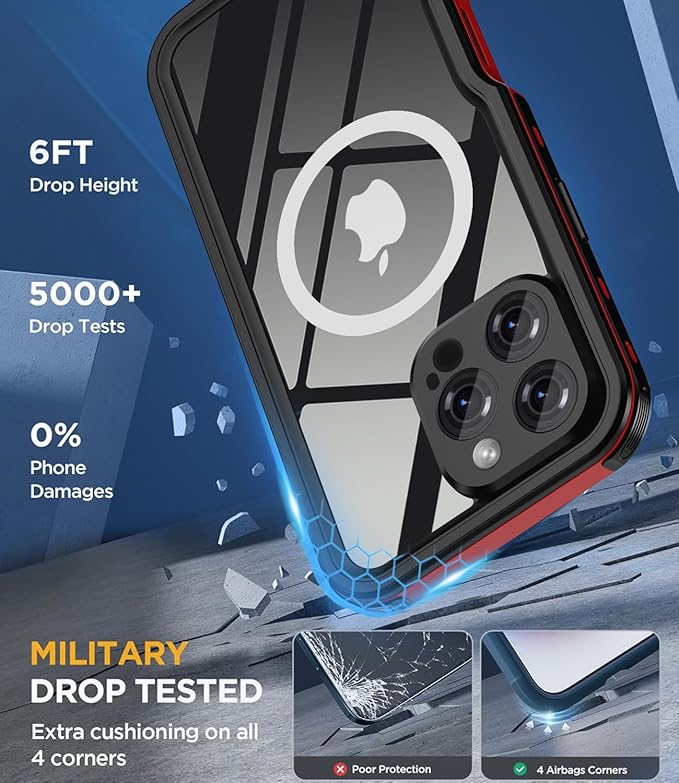 for iPhone 16 Pro Max Case Waterproof | Shockproof Dust Proof Phone Case Cover with Screen Protector for iPhone 16 Promax - Red