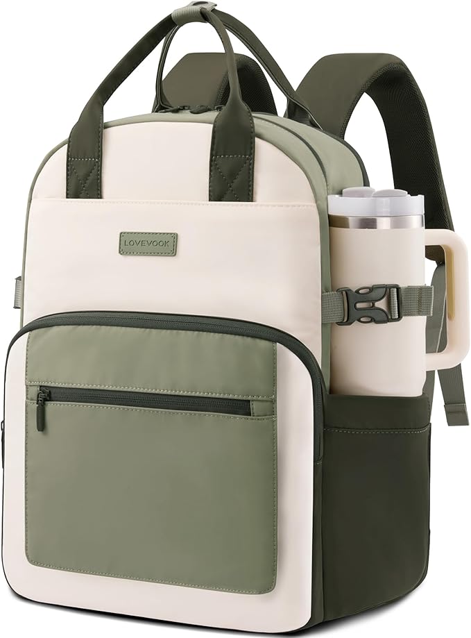 LOVEVOOK Laptop Backpack for Women - Stylish Work Backpack with Large Cup Holder, Waterproof College Teacher Backpack, Green, 18Inch