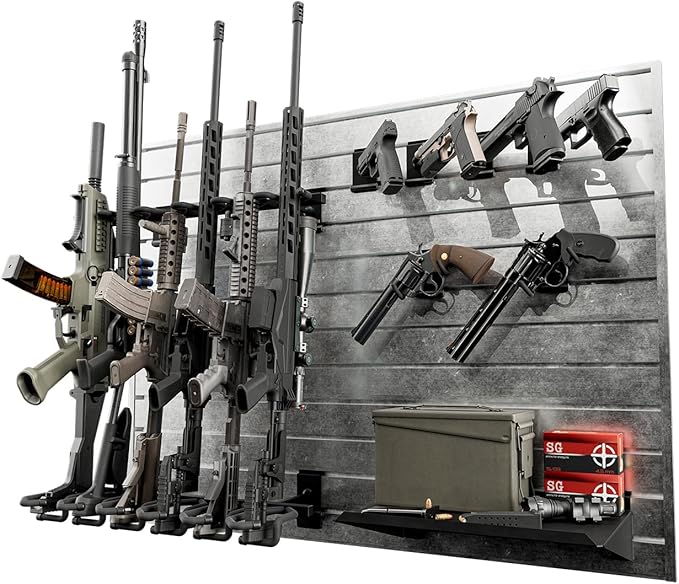 Hold Up Displays Gun Wall Mount Display, Modular Tactical Wall for 6 Pistols and 6 Rifles, Police Gear Rack and Equipment Organizer, Heavy-Duty Aluminum Light Silver Slatwall Gun Storage System