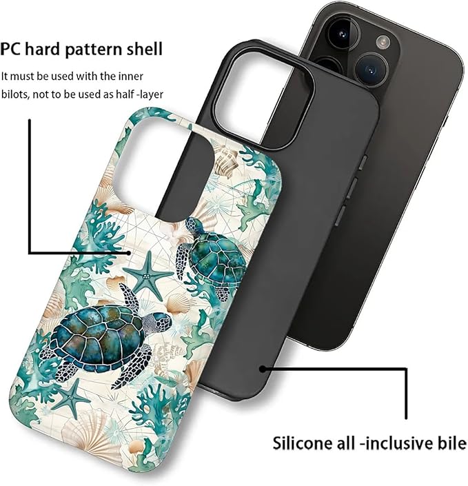 for iPhone 16 Pro Case,HH2 Ocean Sea Turtle Nautical Map Hybrid 2 Layer Hard Shell Silicone Protective Pattern Design Case