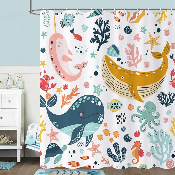 Kids Whale Shower Curtain, Funny Cute Ocean Fish Cartoon Sealife Under Sea Coral Starfish Bath Curtain Waterproof Fabric Machine Washable with Hooks, 36" Wx72 L