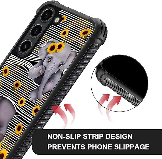 for Samsung Galaxy S23 Plus Case, Cute Little Elephant Sunflower White Line Art Pattern Graphic Design Soft Silicone Hard Acrylic Shock Protection for Samsung Galaxy S23 Plus