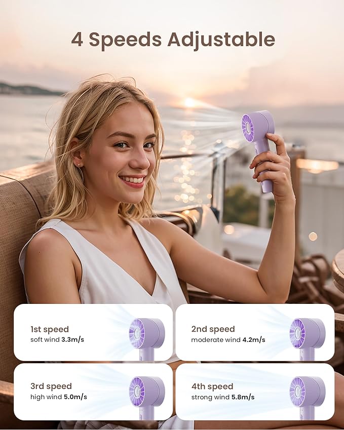 Portable Mini Handheld Turbo Fan, 4 Speed High Velocity Personal Cooling Device [Max 16H], Rechargeable Purse Travel Essential for Vacation/Beach/Trip - Purple