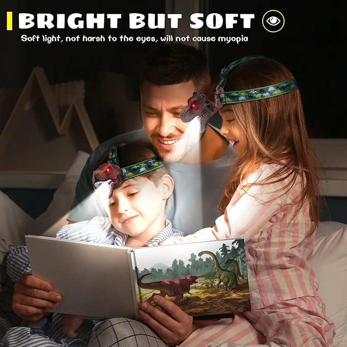 Dysaim Kids Headlamp, Dinosaur LED Rechargeable Headlamp for Kids Flashlight Outdoor Camping Essentials Gear, Dinosaur Toys Headlight for Boys Girls/Adults, Ideal Gift Toys for Birthday Rave Party