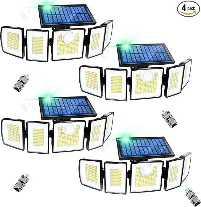 MDCMDCM Outdoor Solar Light Motion Sensor Waterproof - 3000 Lumens 3 Modes 416 LEDs 32ft 2400mAh 5 Heads Security Lights Flood Lights with Remote for Patio Yard Pool Outside （Wireless, 4p）