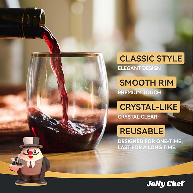 JOLLY CHEF 12 Pack 12oz Gold Plastic Wine Glasses Stemless, Gold Disposable Wine Cups, Premium Quality, Unbreakable, Disposable Plastic Wine Cups for Party, Halloween, Christmas, Thanksgiving