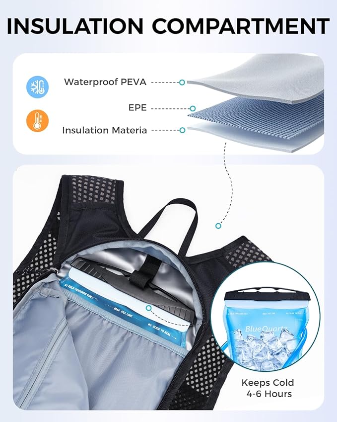 Blue Quartz Hydration Backpack with 2L Water Bladder, Hiking Water Pack with Insulated Compartment for Women Men, Lightweight Running Hydration Vest with Phone Pocket for Cycling, Biking