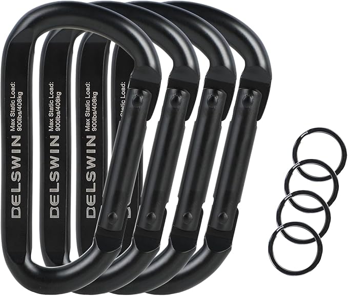 DELSWIN Heavy Duty Carabiner Clip 900lbs, 3 Inch Steel Carabiners for Keychain, Camping, Hiking, Backpack, Dog Leash, Hammock, Gym - D-Shaped Spring Hook Black