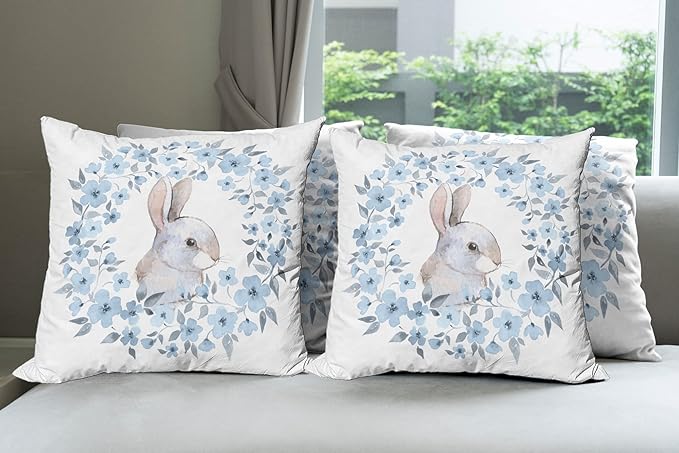 Ambesonne Watercolor Flower Decorative Throw Pillow Case Pack of 4, Bunny Rabbit Portrait in Floral Wreath Illustration Country Style, Cushion Cover for Couch Living Room Car, 16", Blue White