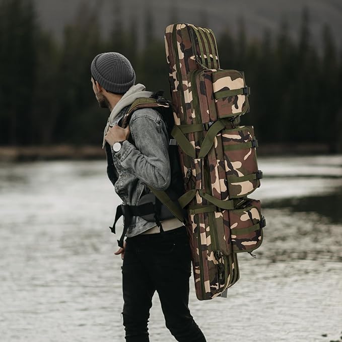 DULCE DOM 36 42 48 Inch Double Rifle Case, Tactical Soft Padded Backpack for Hunting & Shooting Range, Heavy-Duty Storage Gun Bag for 2 Rifles & Pistols with Lockable Zippers & MOLLE System