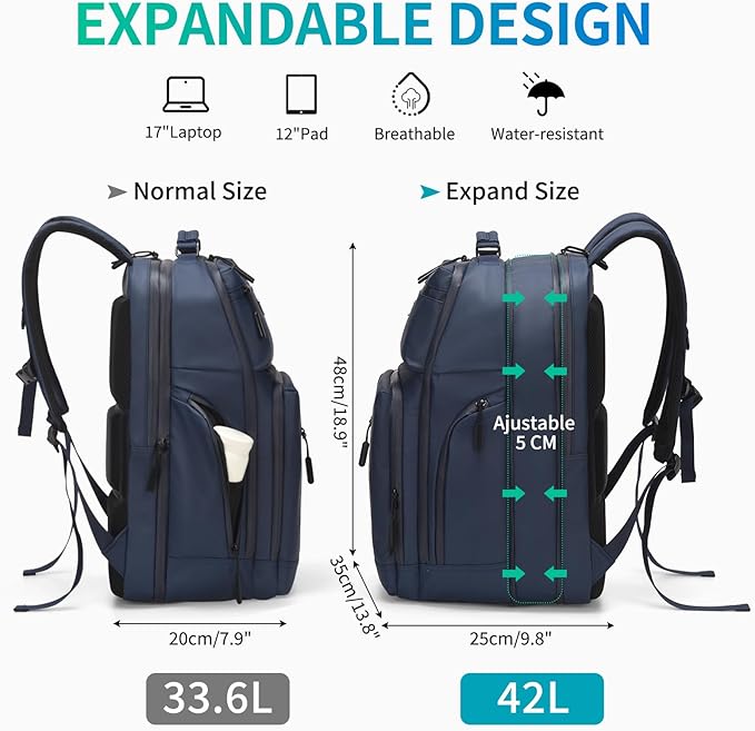 Expandable Business Backpack with 17" Laptop Compartment - Waterproof, Airline Approved, 33L-42L Capacity, for Work & Travel, Blue