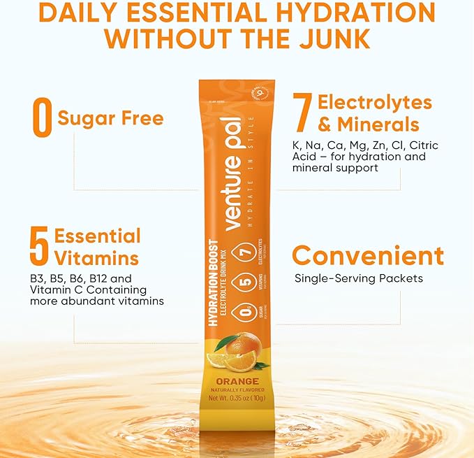 Venture Pal Sugar Free Electrolytes Powder Packets - Liquid Daily IV Hydration Packets | Instantly Hydrating & Party Recovery | 5 Vitamins & 7 Electrolytes | Certified Vegan, Keto, Non-GMO | 16 Sticks