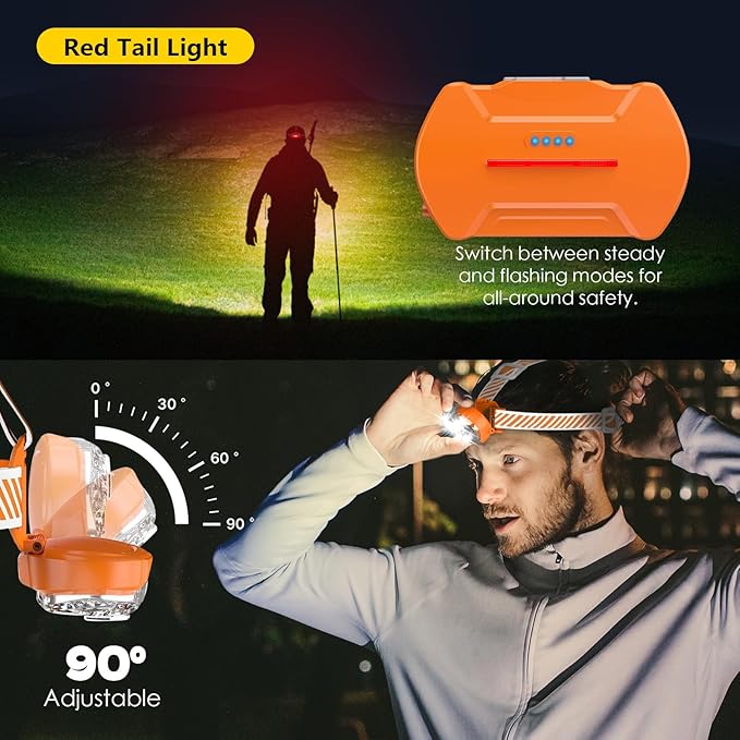 MIOISY Rechargeable Headlamp, High Lumen 5 LED Head Lamp with Red White Light, IPX4 Waterproof Headlight,8 Mode Head Flashlight for Outdoor Running Hunting Fishing Hiking Camping Gear-Orange