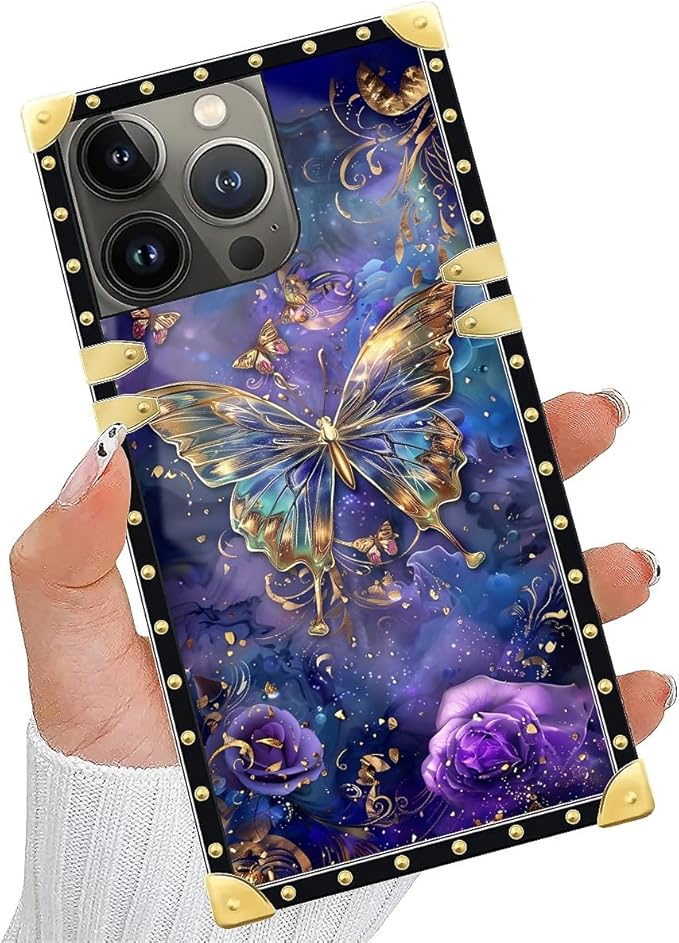 Compatible with iPhone 14 Pro Case, Glistening Golden Butterfly Vibrant Purple Blue Luxury Golden Decoration for Girl Women Soft TPU Shockproof Protective Hard PC Back