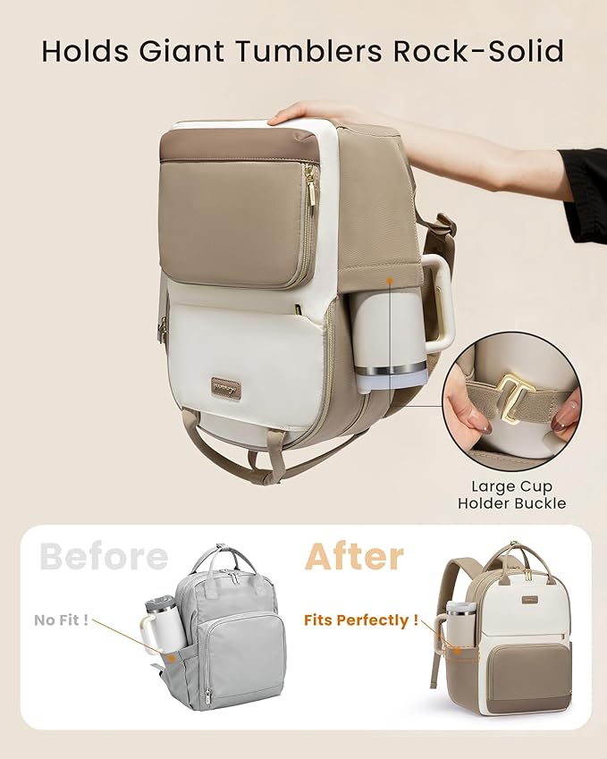 LOVEVOOK Laptop Backpack for Women with Giant Tumbler Holder Pocket, 15.6 inch Travel Work Backpack Purse for Teacher Nurse, Waterproof College Book Bag Cute Casual Daypack, Beige-Khaki