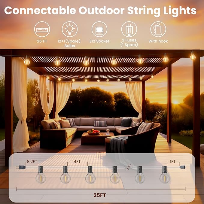 RTTY Outdoor String Lights 25 FT, Patio Light for outside with 13pcs G40 LED Plastic Bulbs, Shatterproof Waterproof Connectable Hanging Globe Lighting for Porch Cafe Bistro Backyard Balcony Deck Party
