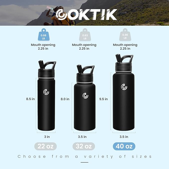 COKTIK 40oz Sports Water Bottle, Stainless Steel Water Bottle for Insulated, Reusable Travel Bottle, With Straw, With Handle Grip for Easy Carrying, Suitable for Cycling, Outdoor Vacations(Black)