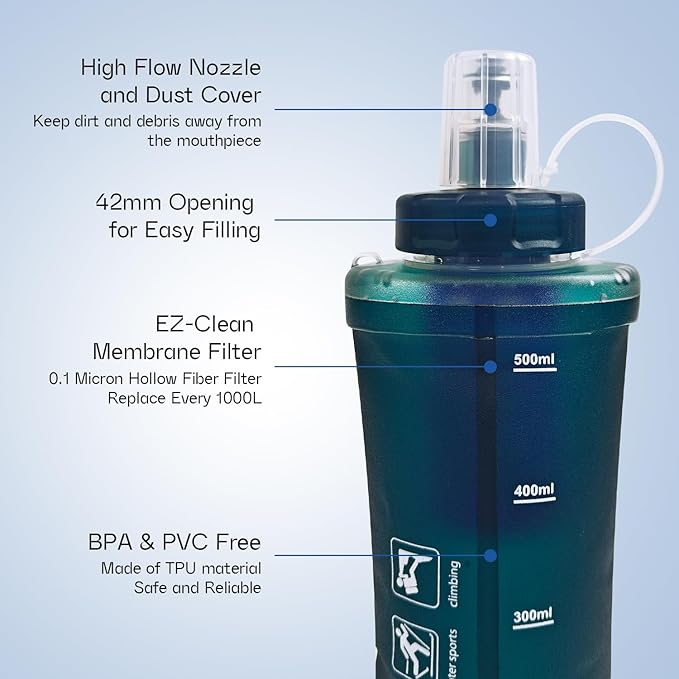 GUYI 500ml Collapsible Water Filter Bottle, Removes Impurities, BPA Free, Ultralight for Hiking, Camping, Cycling & Travel-Dusty Blue