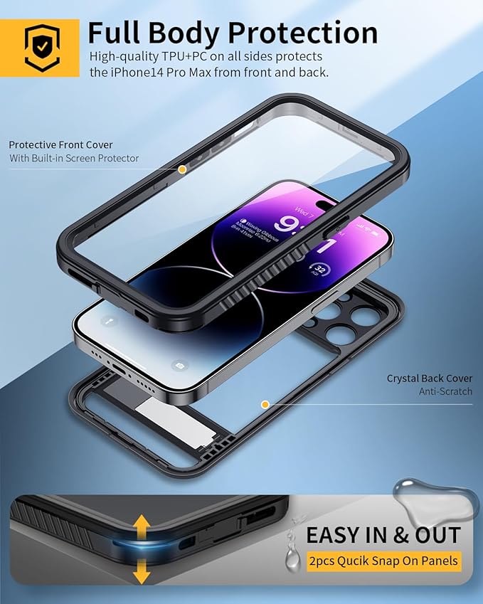 Lanhiem for iPhone 14 Pro Max Case with Kickstand, IP68 Waterproof Dustproof Built-in Screen Protector, Full Body Shockproof Protective Cover for iPhone 14 Pro Max, 6.7 Inch (Black)