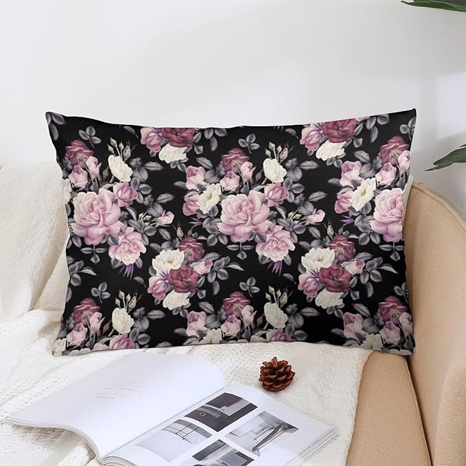 Vintage Floral Throw Pillow Covers Set of 2 Queen Size Pink Rose Peony Flower Blossom Black Pillow Cushion Cases Standard Pillow Cases Decorative Pillowcase 20X30 Inch for Sofa Bed